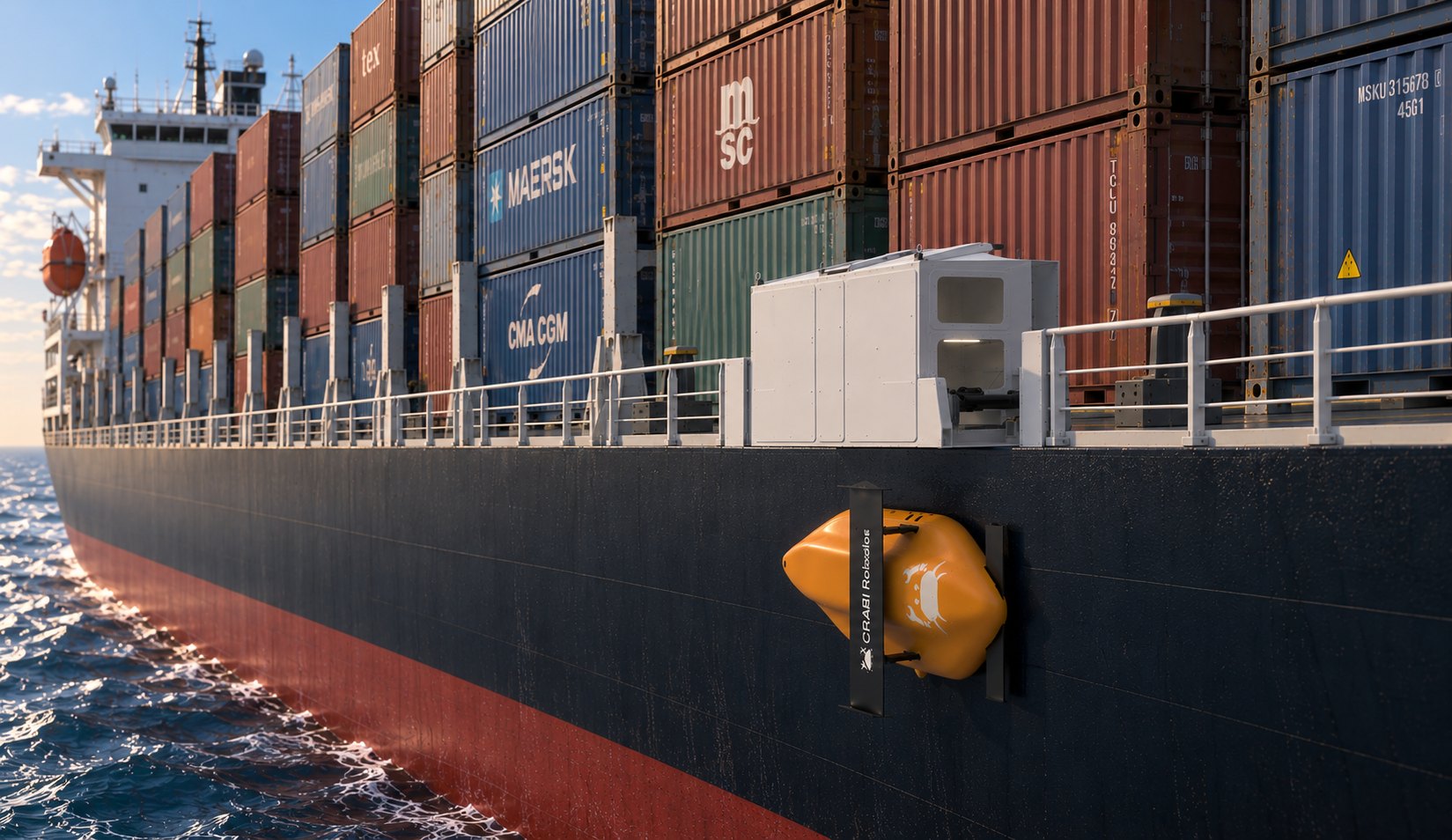 Render of CRABI attached to the hull of a container ship at sea